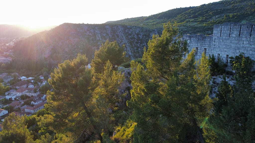Četinari oko zidina Staroga Grada kao da su kroz vijekove srasli s njima postojano stršeći iz tla. Ovom fotografijom uhvaćen je trenutak kako ih obasjavaju zraci zalazećeg sunca. Tu je i pogled na jug i zapad grada Stoca te zelenilo koje ispunjava brda u pozadini. Tuda su hodali i disali oni prije nas, da bi i nama podarili život u ovom kraju. Zato je važno da ga i mi čuvamo, jer je naš kraj živi arhiv našeg postojanja.